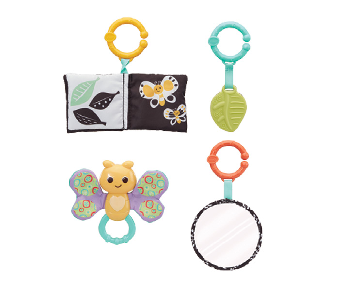 Includes 4 detachable accessories including soft book, leaf teether, butterfly rattle & big mirror.